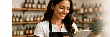 A retail employee using a tablet in front of a shelf of products